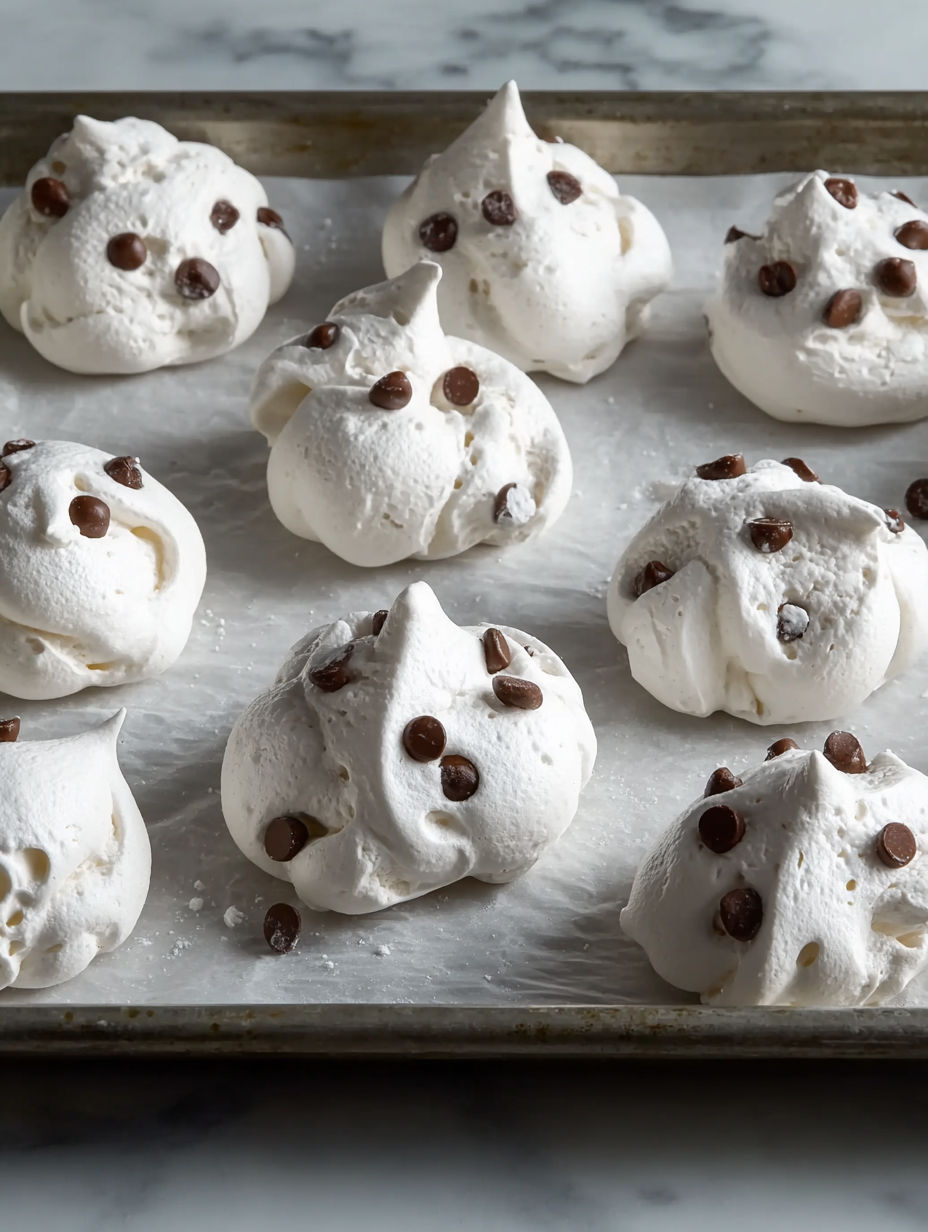 A tray of chocolate chip meringue cookies.