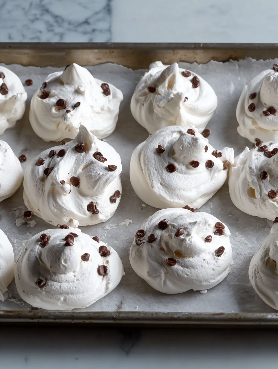 A tray of chocolate chip meringue cookies.