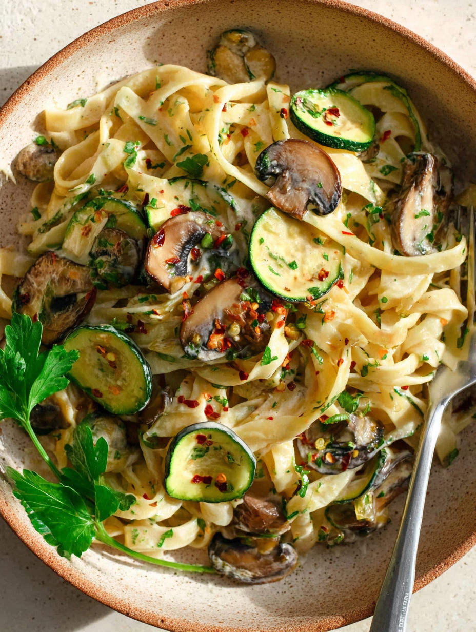 A bowl of pasta with zucchini and mushrooms.