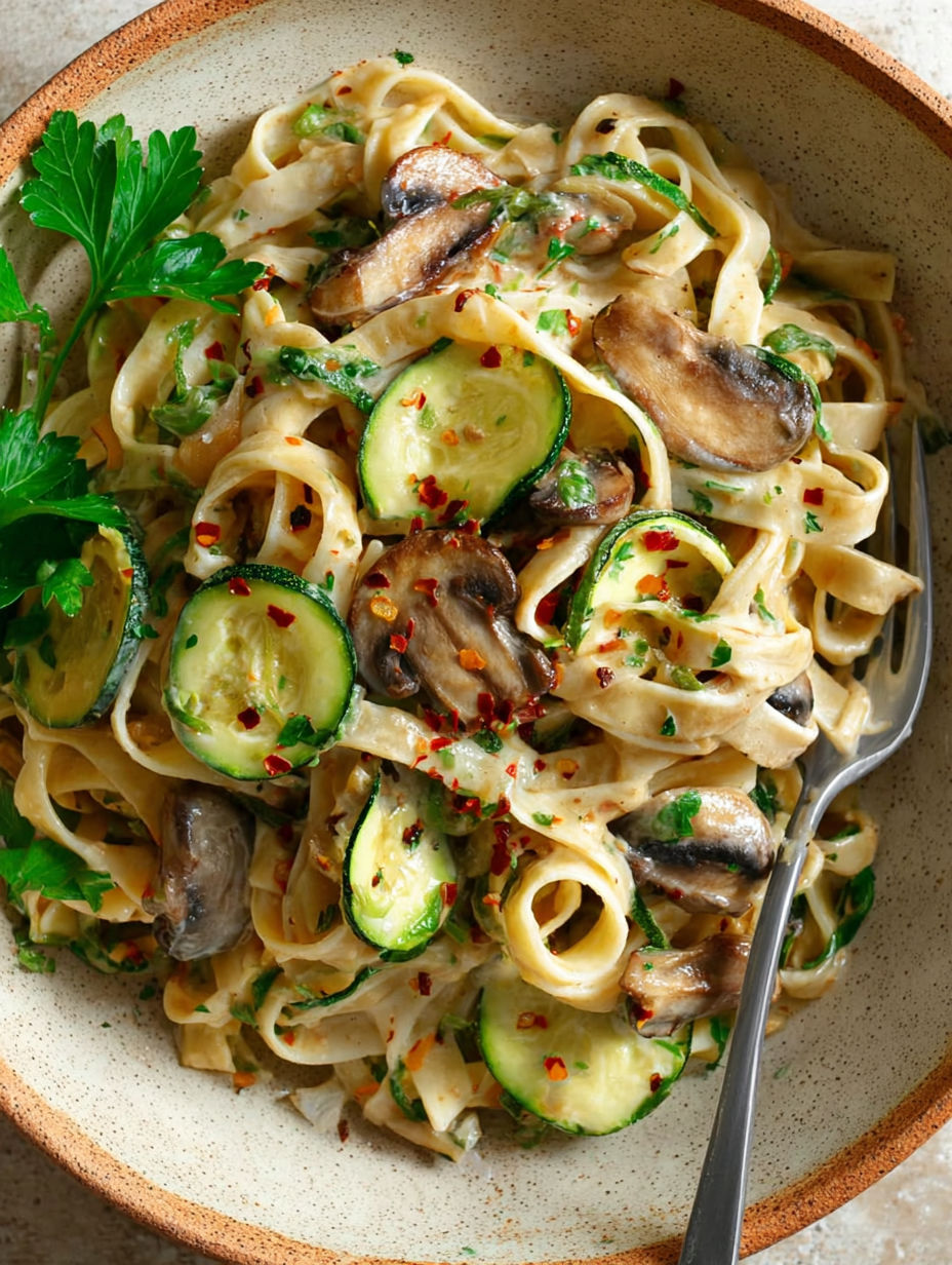 A bowl of pasta with zucchini and mushrooms.