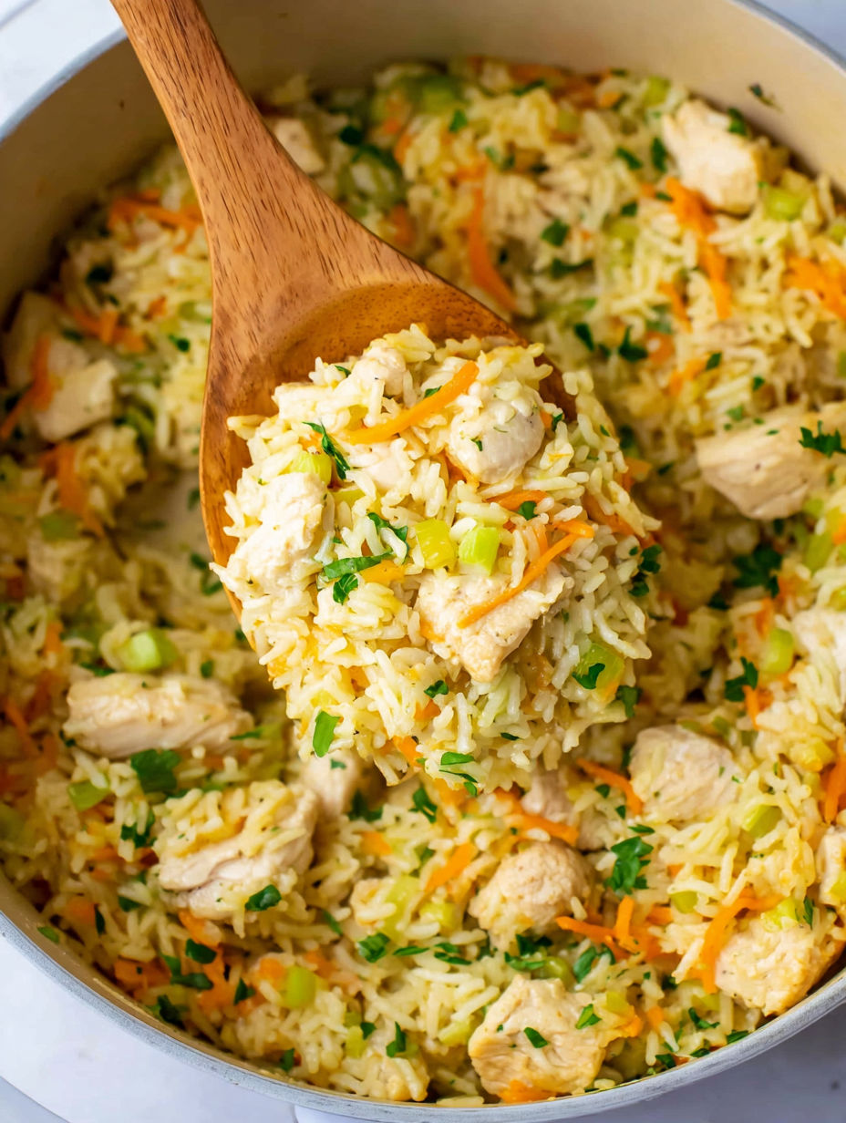 A wooden spoon is in a bowl of rice and chicken.