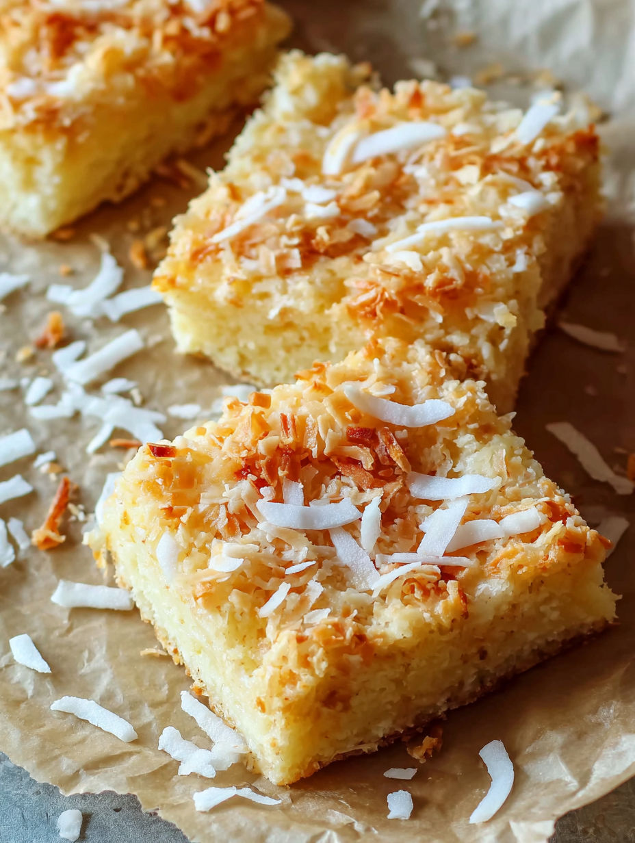 A close up of a coconut macaroon bar.