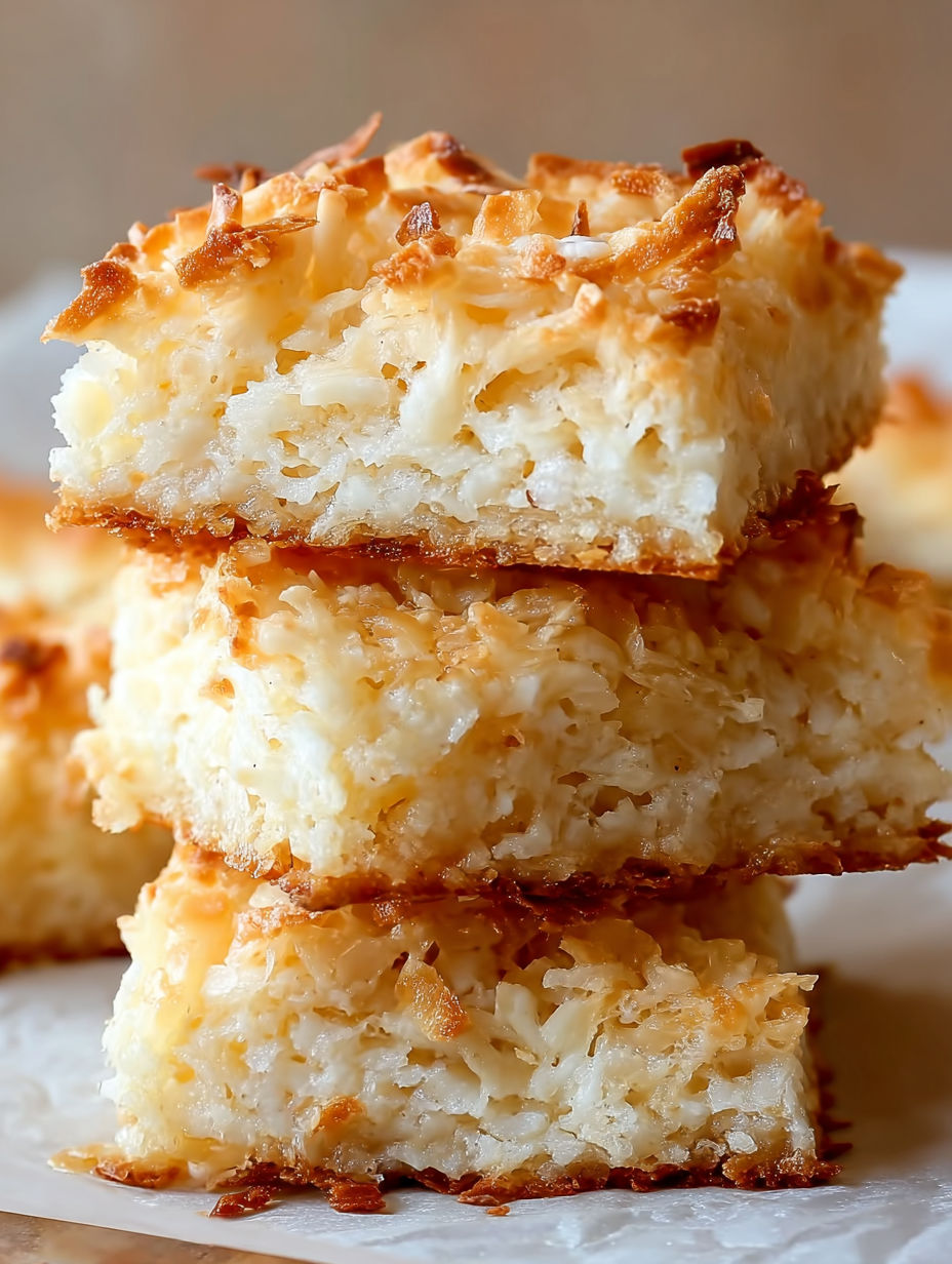 A stack of coconut macaroon bars.