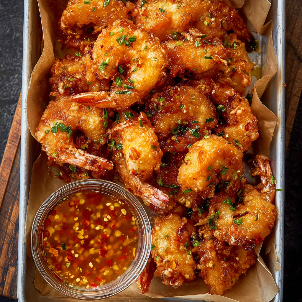 A container of fried shrimp with a dipping sauce.