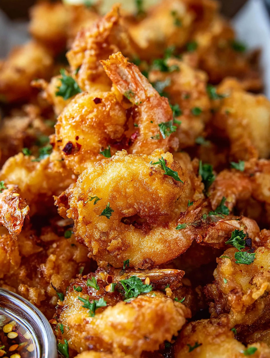 A close up of a plate of hot honey fried shrimp.