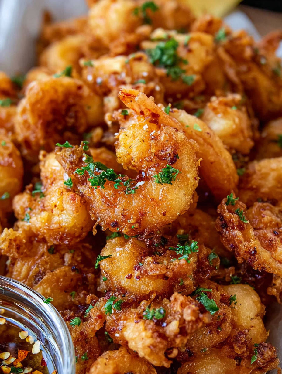 A close up of a plate of hot honey fried shrimp.