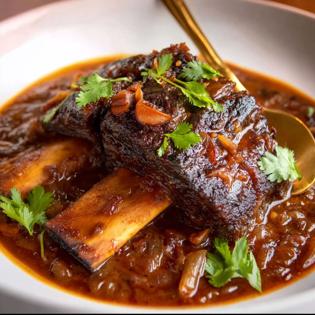 A plate of food with a caramelized slow roast Asian beef short rib.