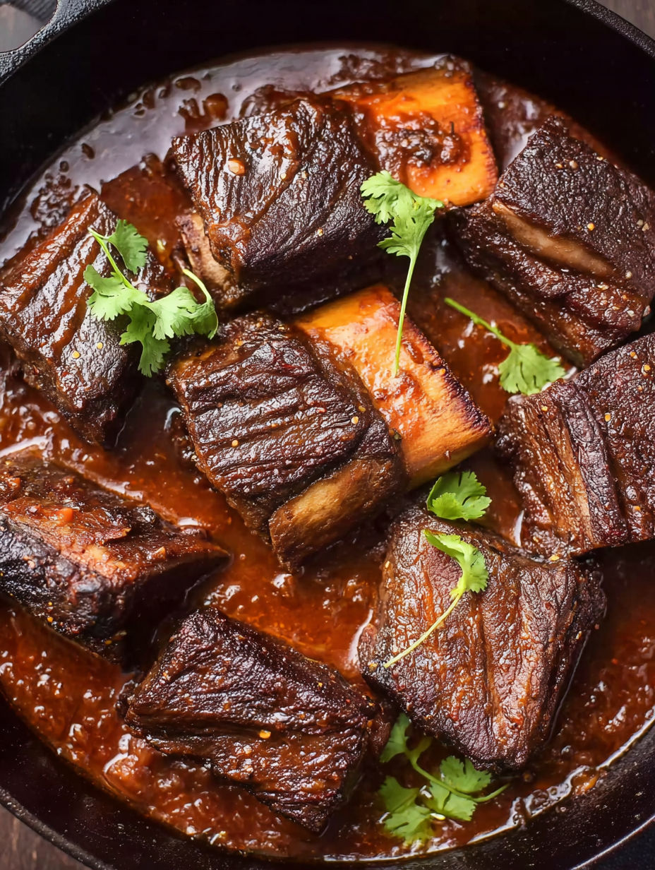 A close up of a delicious caramelized slow roast Asian beef short rib.