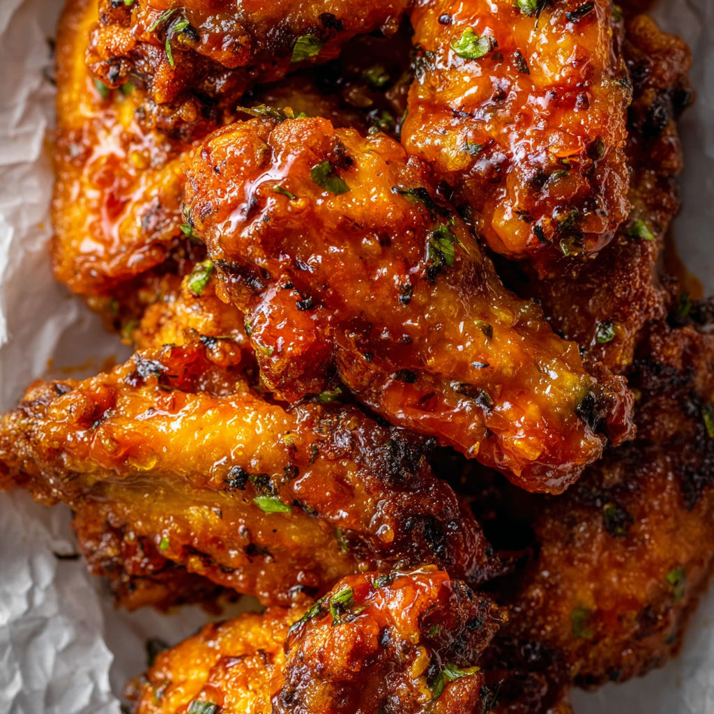 A plate of hot honey peach wings.
