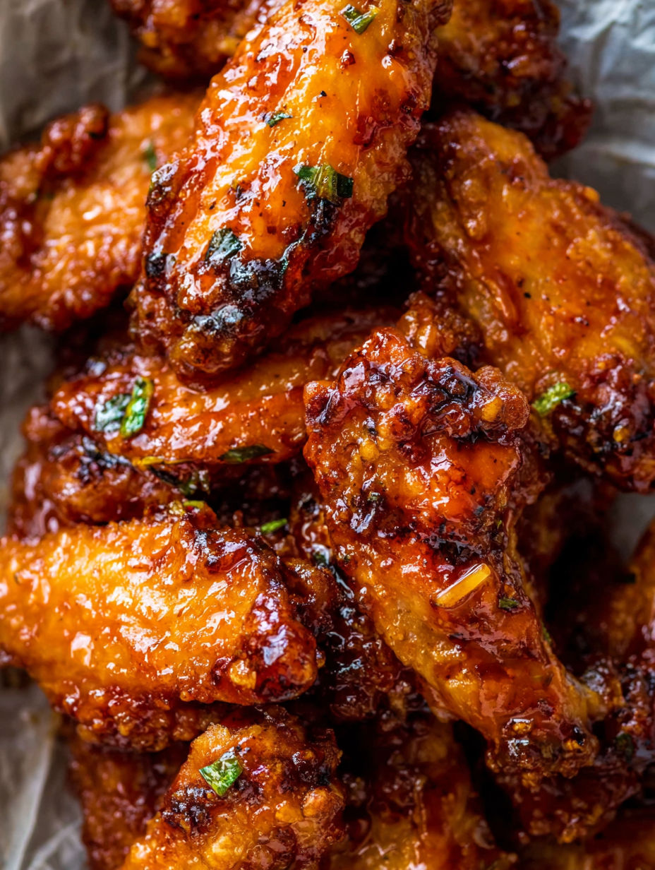 A close up of some delicious looking hot honey peach wings.