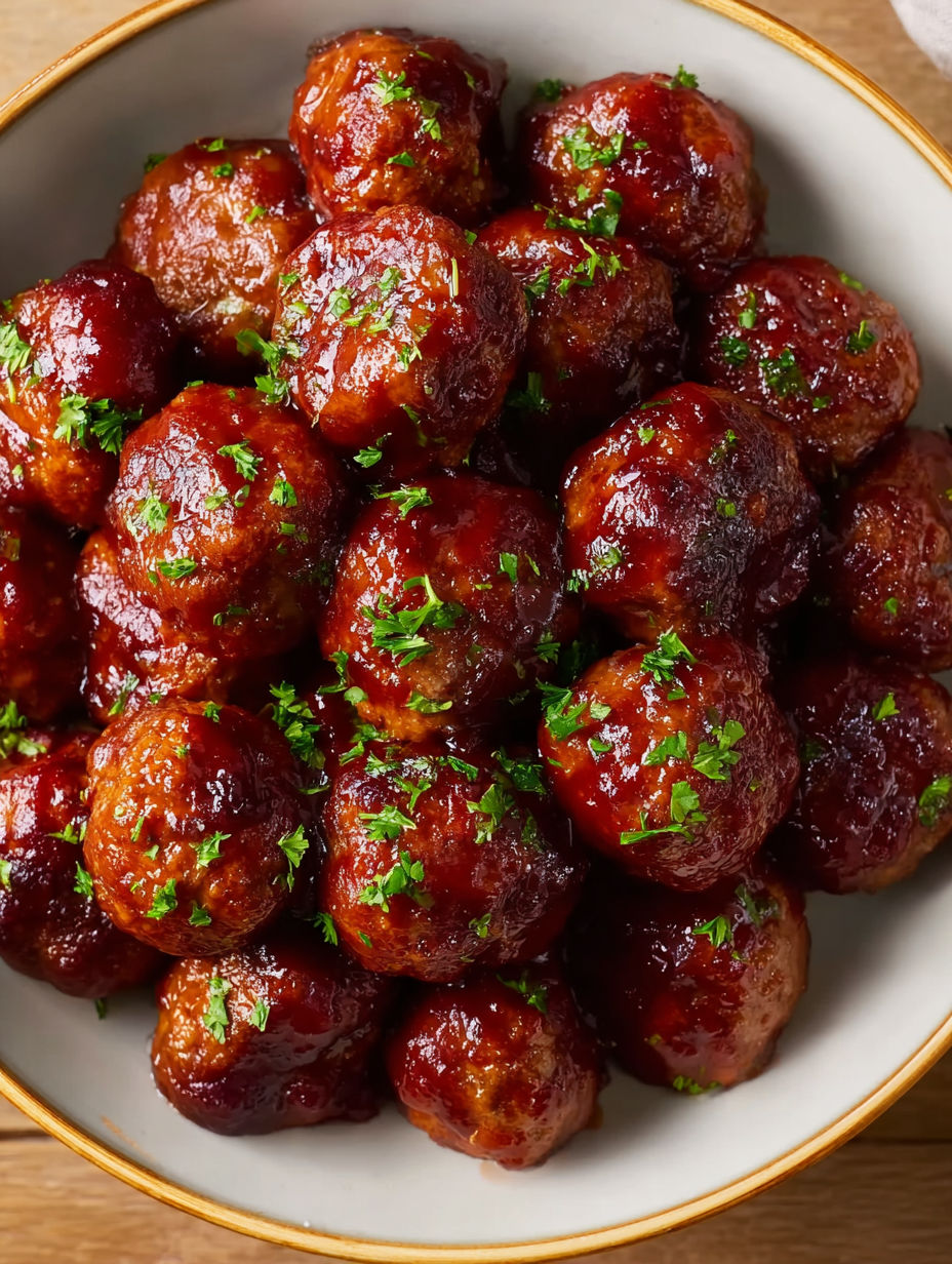 A bowl of meatballs with a green herb on top.