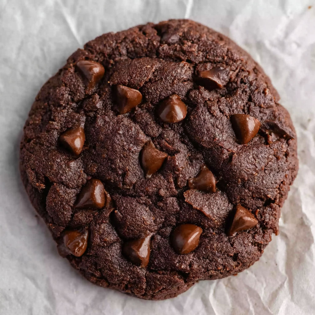 A chocolate chip cookie with chocolate drizzle.