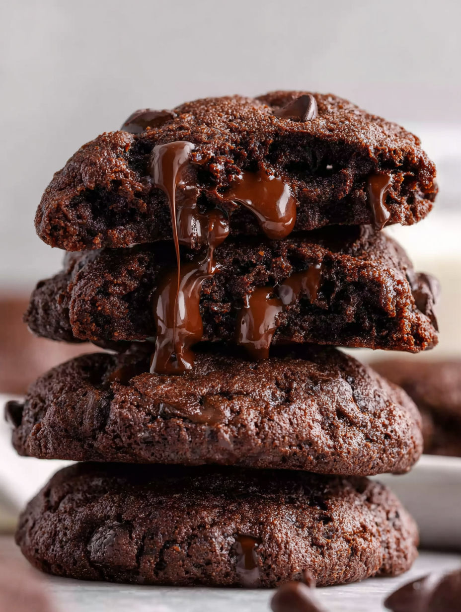 A stack of Crumbl Dark Dream Cookies.