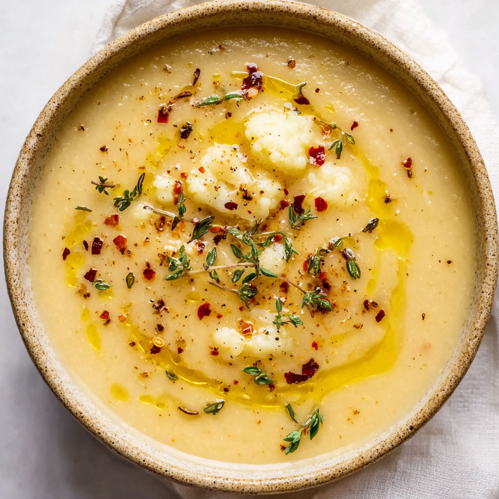 A bowl of soup with cauliflower and red pepper.