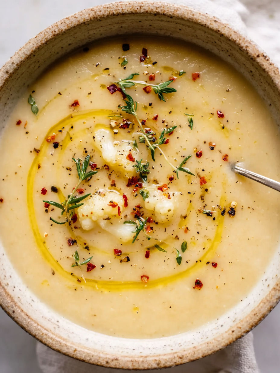 A bowl of soup with a spoon in it.