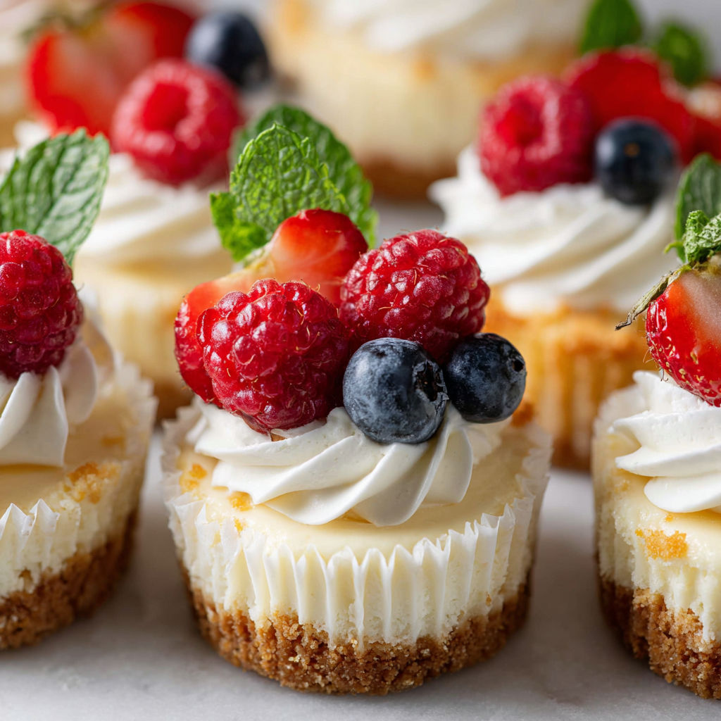 Mini cheesecake cups with berries and mint.