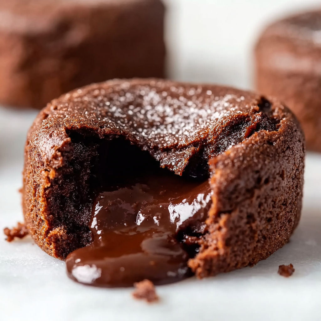 A chocolate lava cake with a bite taken out of it.