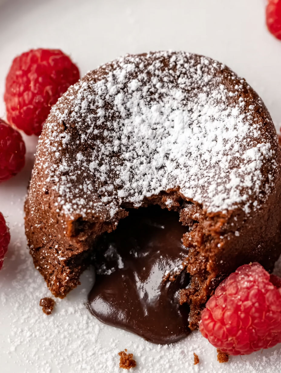 A chocolate lava cake with white powdered sugar on top.