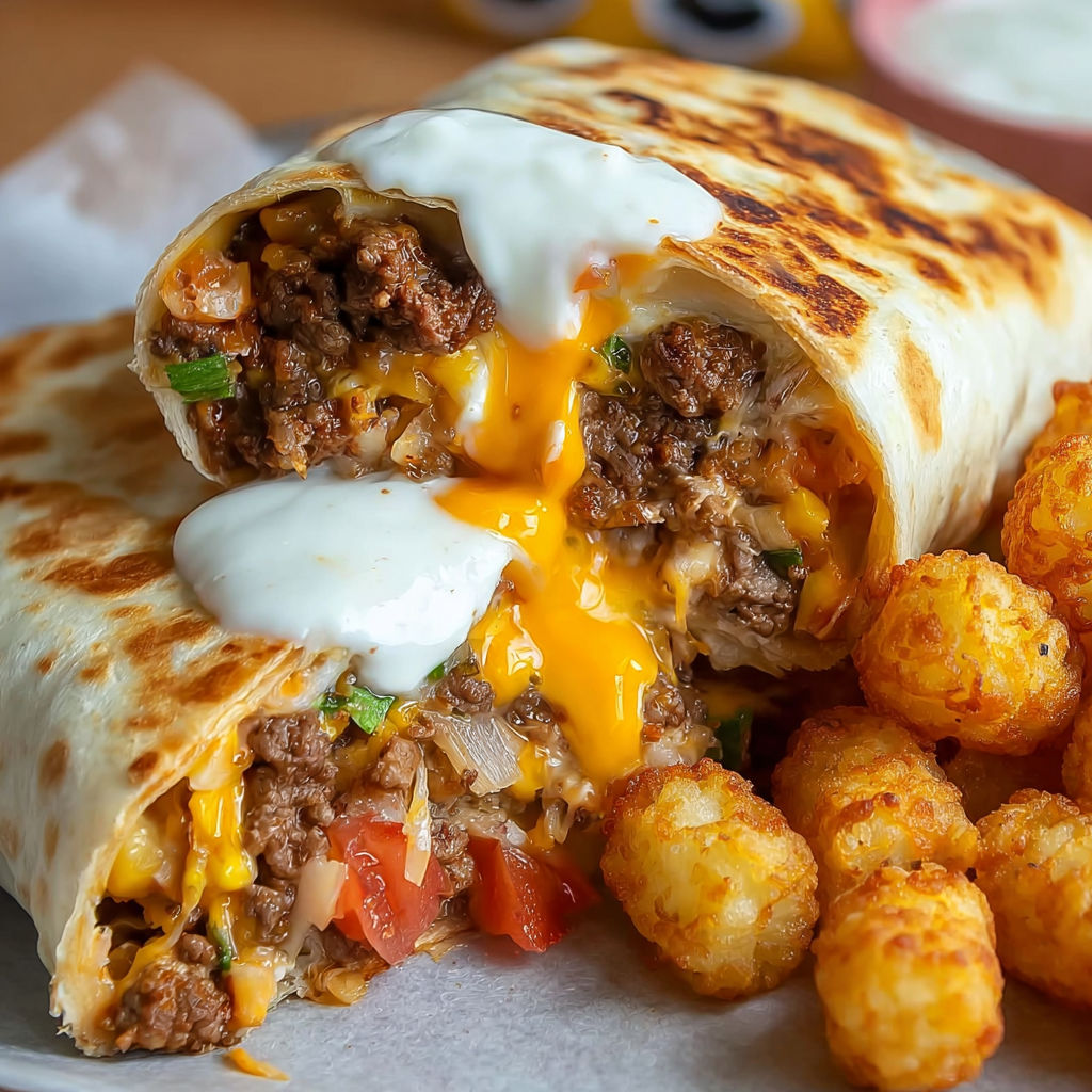 A cheesy potato burrito with a white sauce.