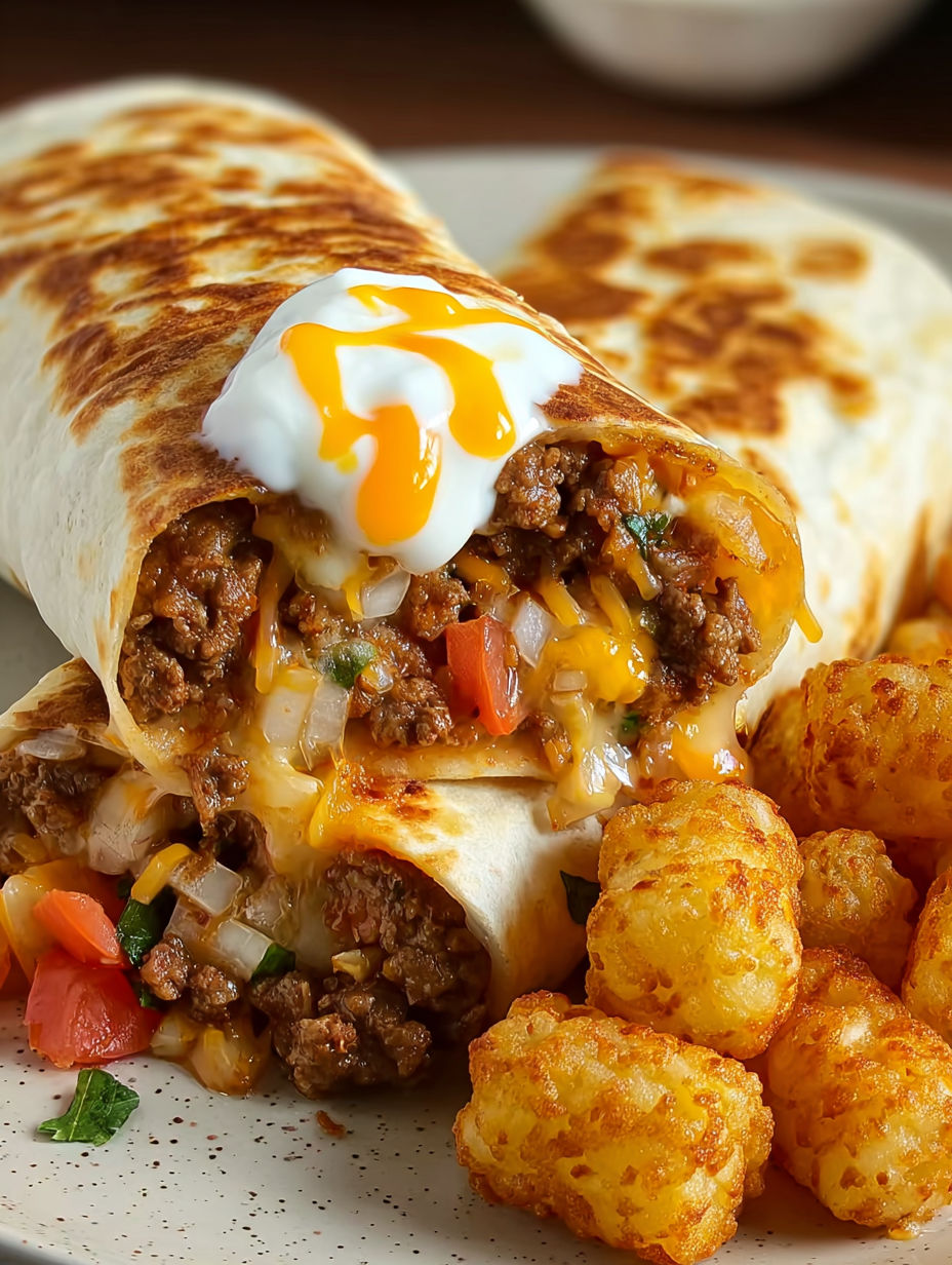 A cheesy potato burrito with a dollop of sour cream on top.