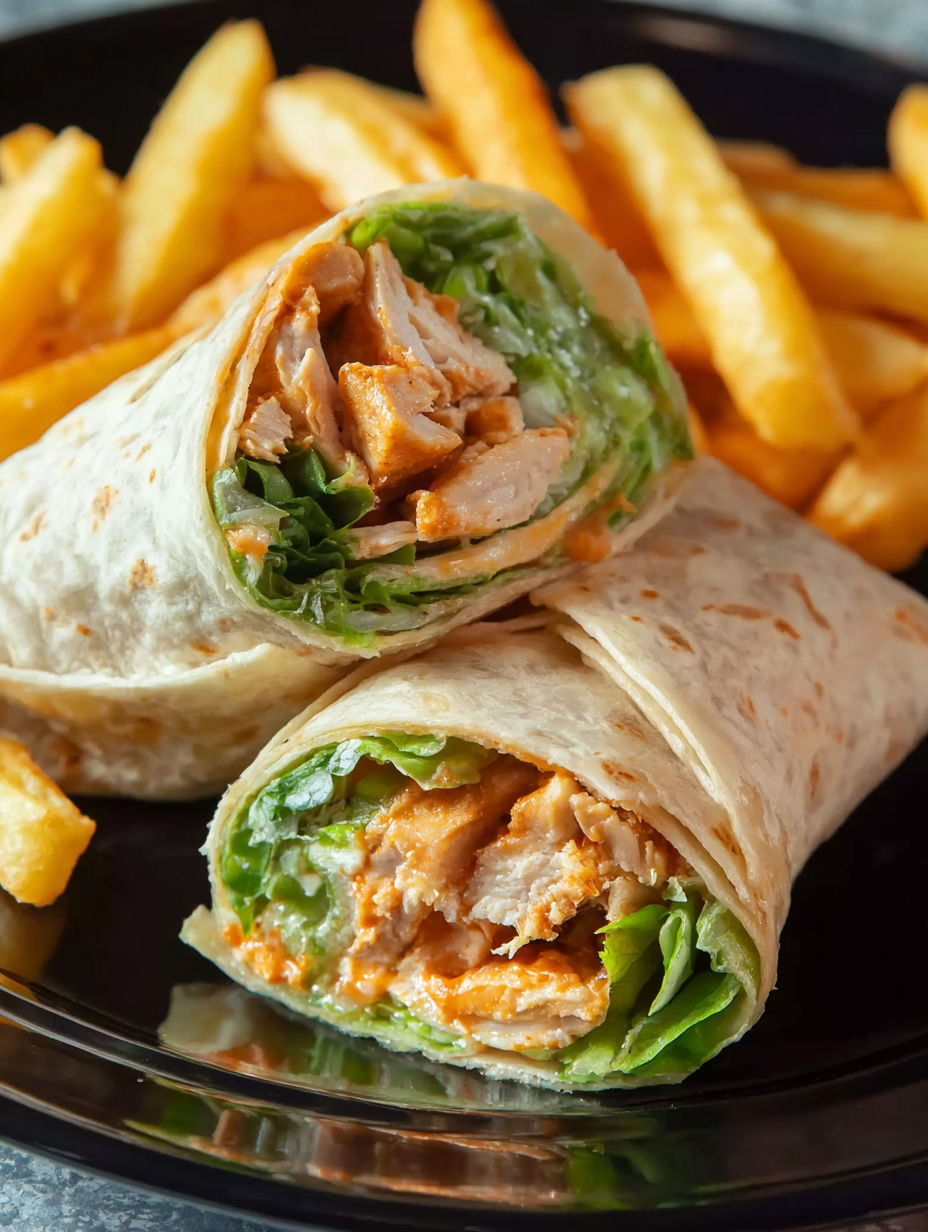 A chicken wrap with lettuce and tomato.