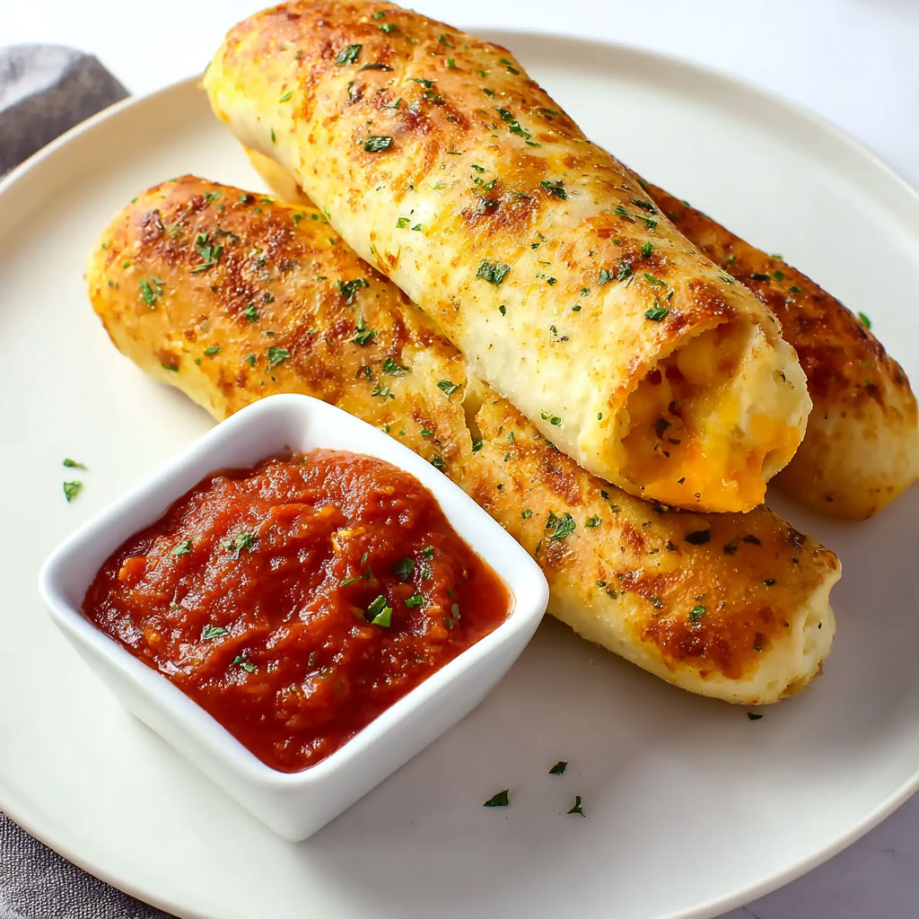 A plate with two cheesy taco sticks and a dipping sauce.