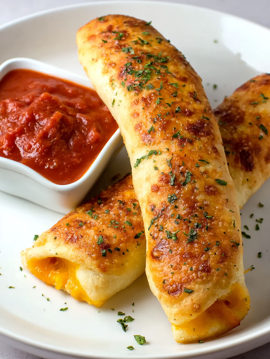 A plate of cheesy taco sticks with a dipping sauce.