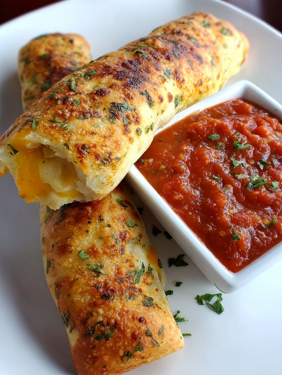 A bowl of sauce next to a plate of cheesy taco sticks.