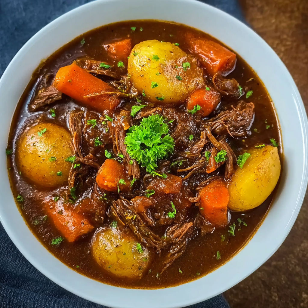 A bowl of beef stew with potatoes and carrots.