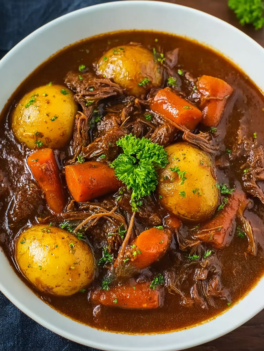 A bowl of stew with meat, potatoes and carrots.