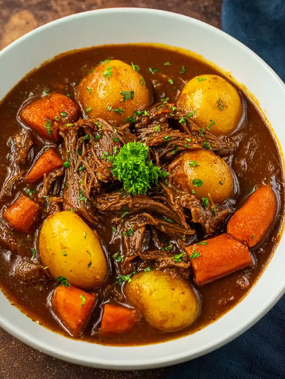 A bowl of beef stew with potatoes and carrots.