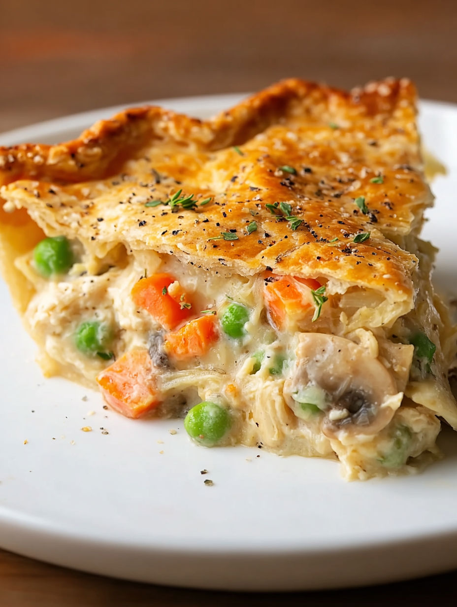 A slice of a pie with carrots and peas.