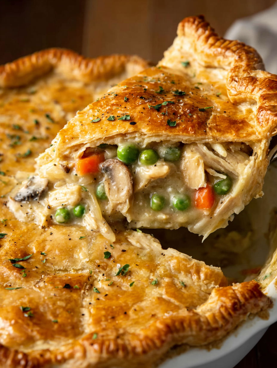 A slice of a chicken pot pie.