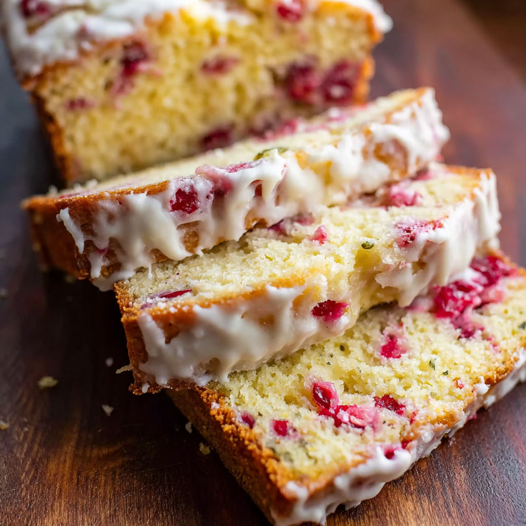 A slice of cranberry bread with white frosting.