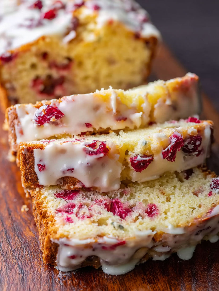 A slice of cranberry bread with orange glaze.