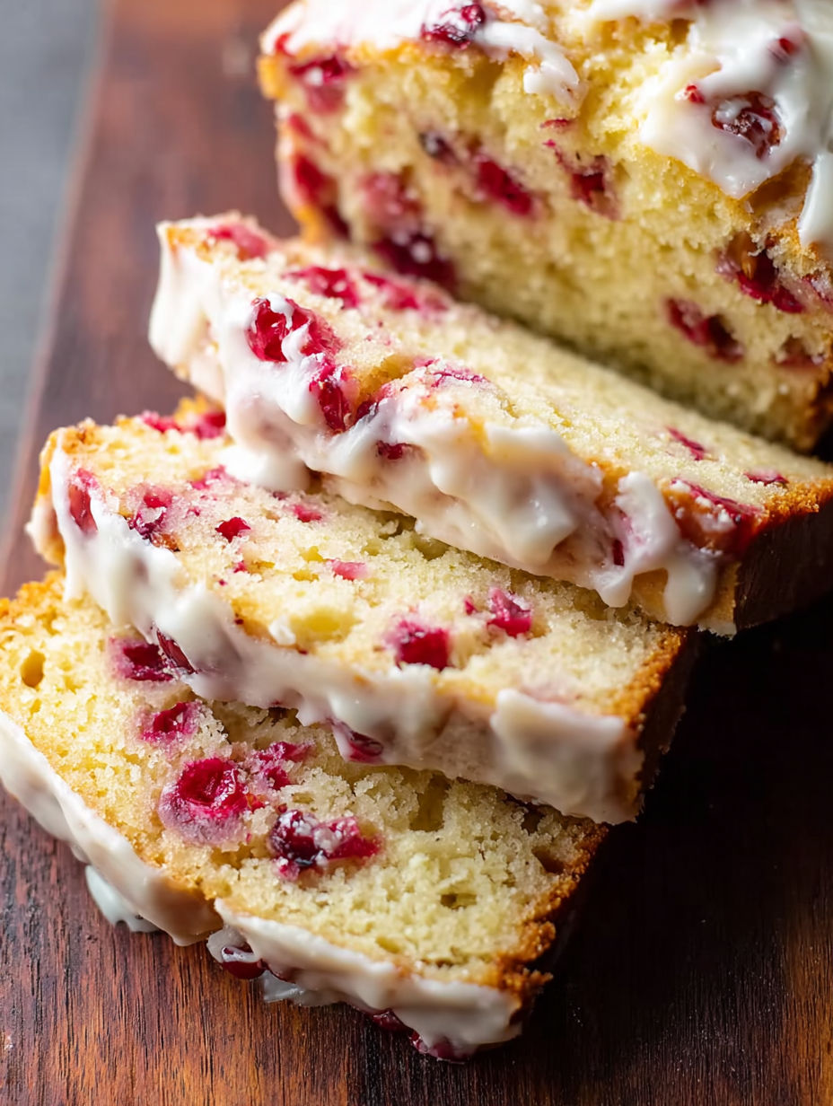 A slice of cranberry bread with white frosting.