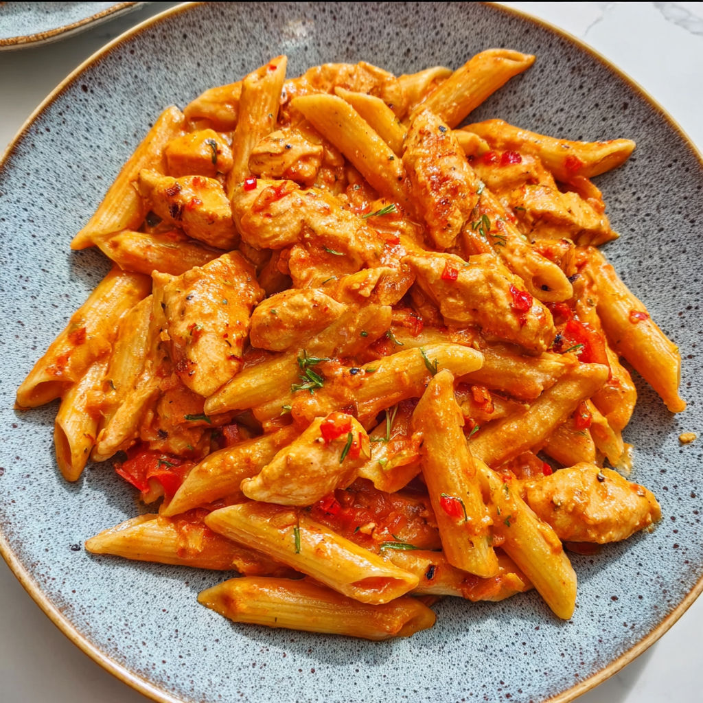 A plate of pasta with chicken in a creamy tomato sauce.