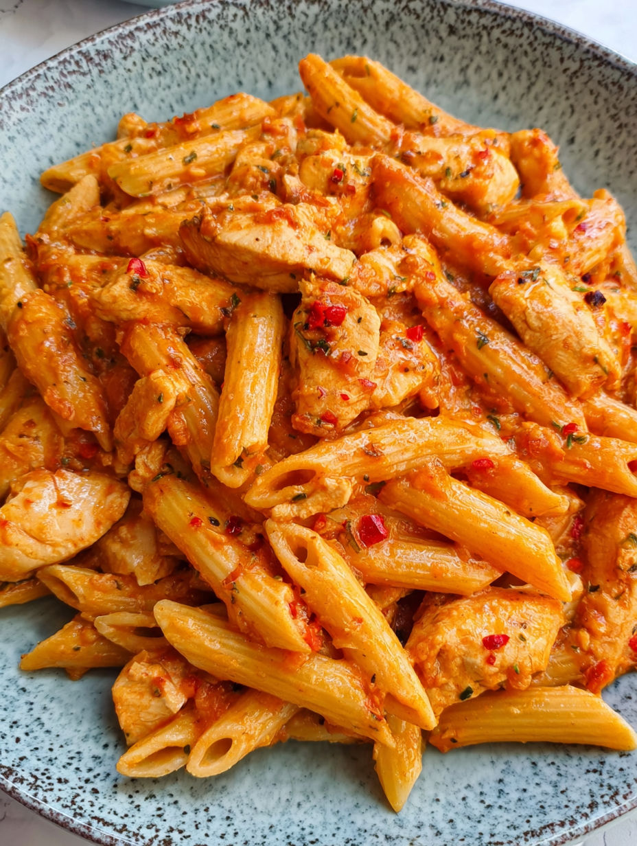 A plate of pasta with chicken in a creamy tomato sauce.
