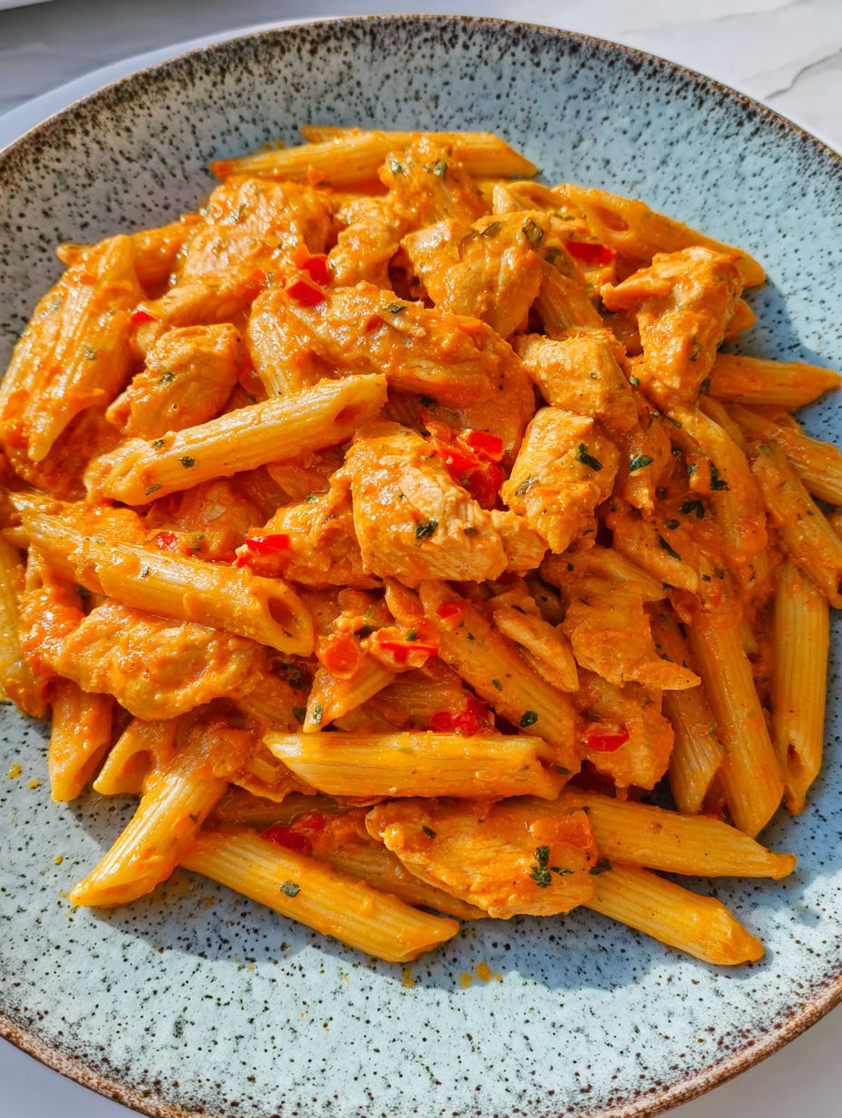 A plate of pasta with chicken in a creamy tomato sauce.