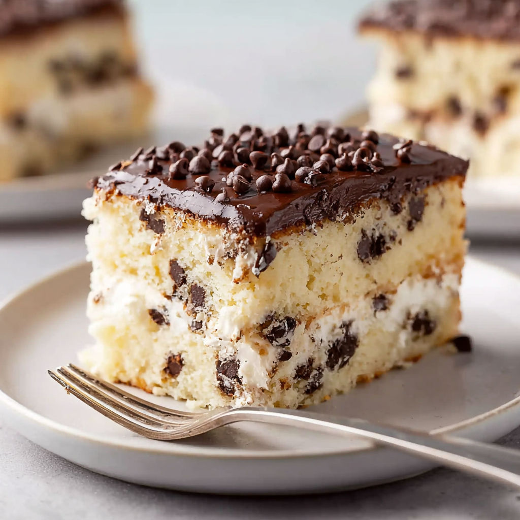 A slice of cannoli cake with chocolate and white frosting.