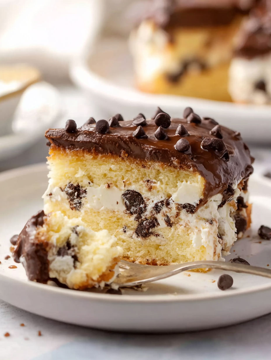 A slice of cannoli cake with chocolate and white frosting.