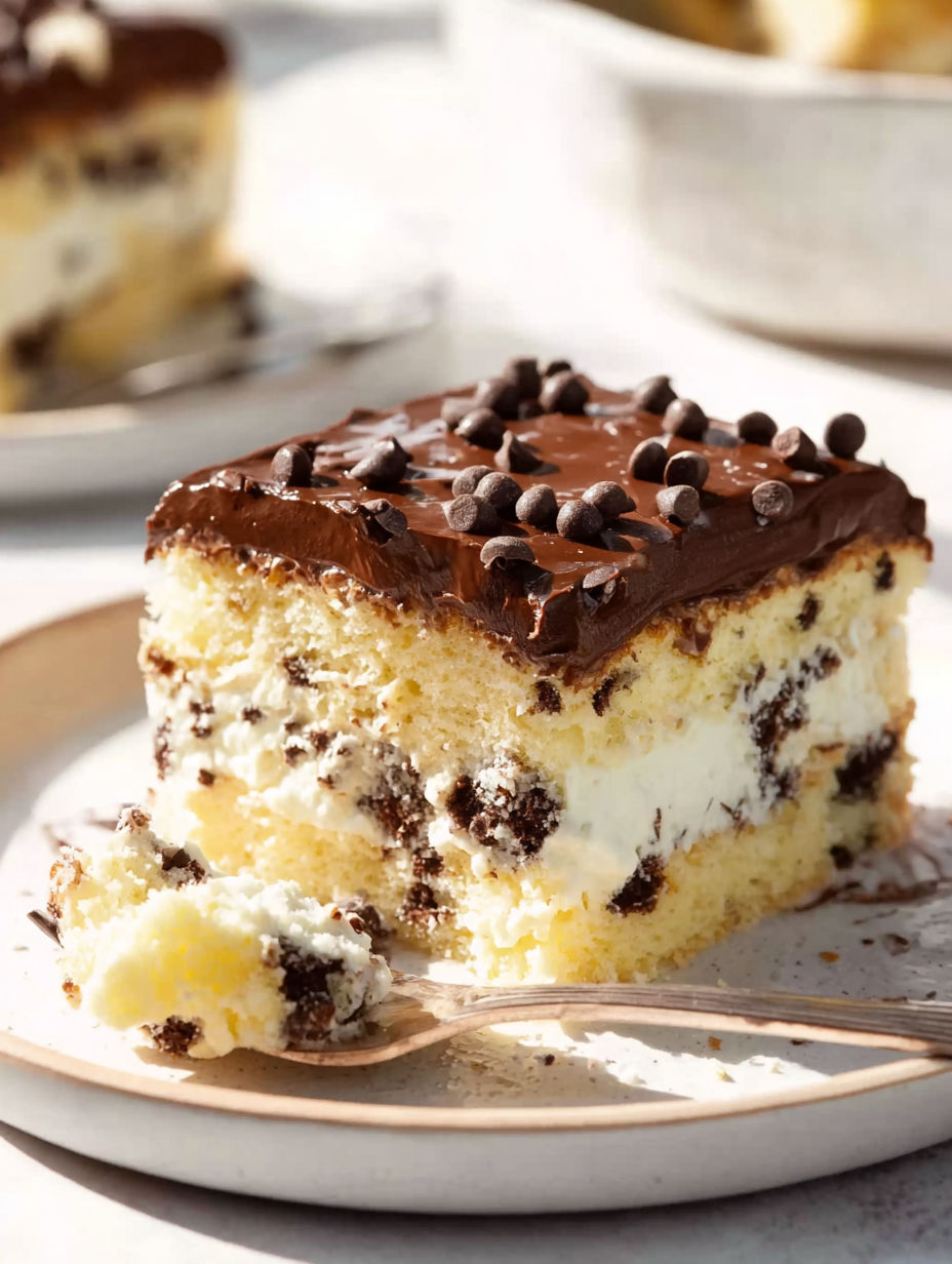 A slice of cannoli cake with chocolate and white frosting.