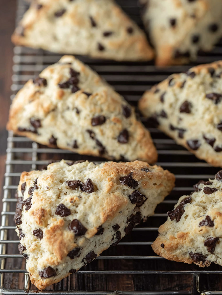 Chocolate chip scones on a cooling rack.