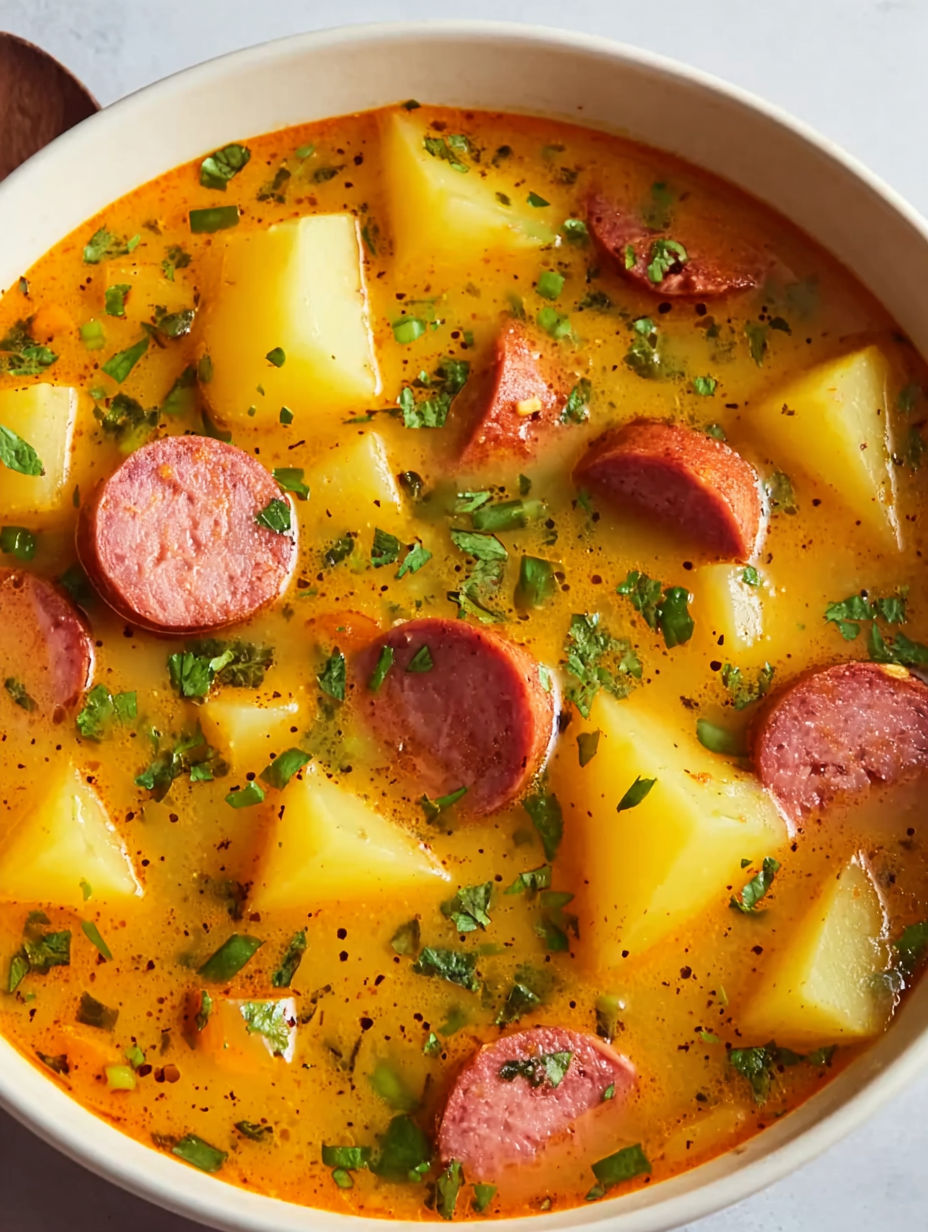 A bowl of soup with sausage and potatoes.