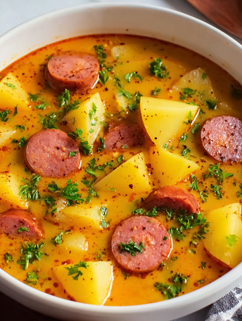 A bowl of soup with sausage and potatoes.