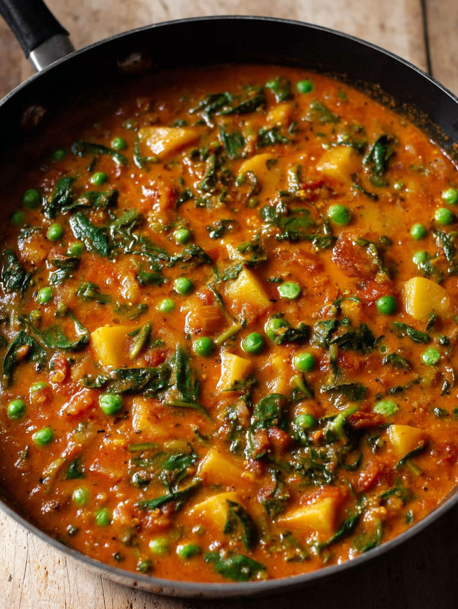 A bowl of vegetable soup with peas, potatoes, and spinach.