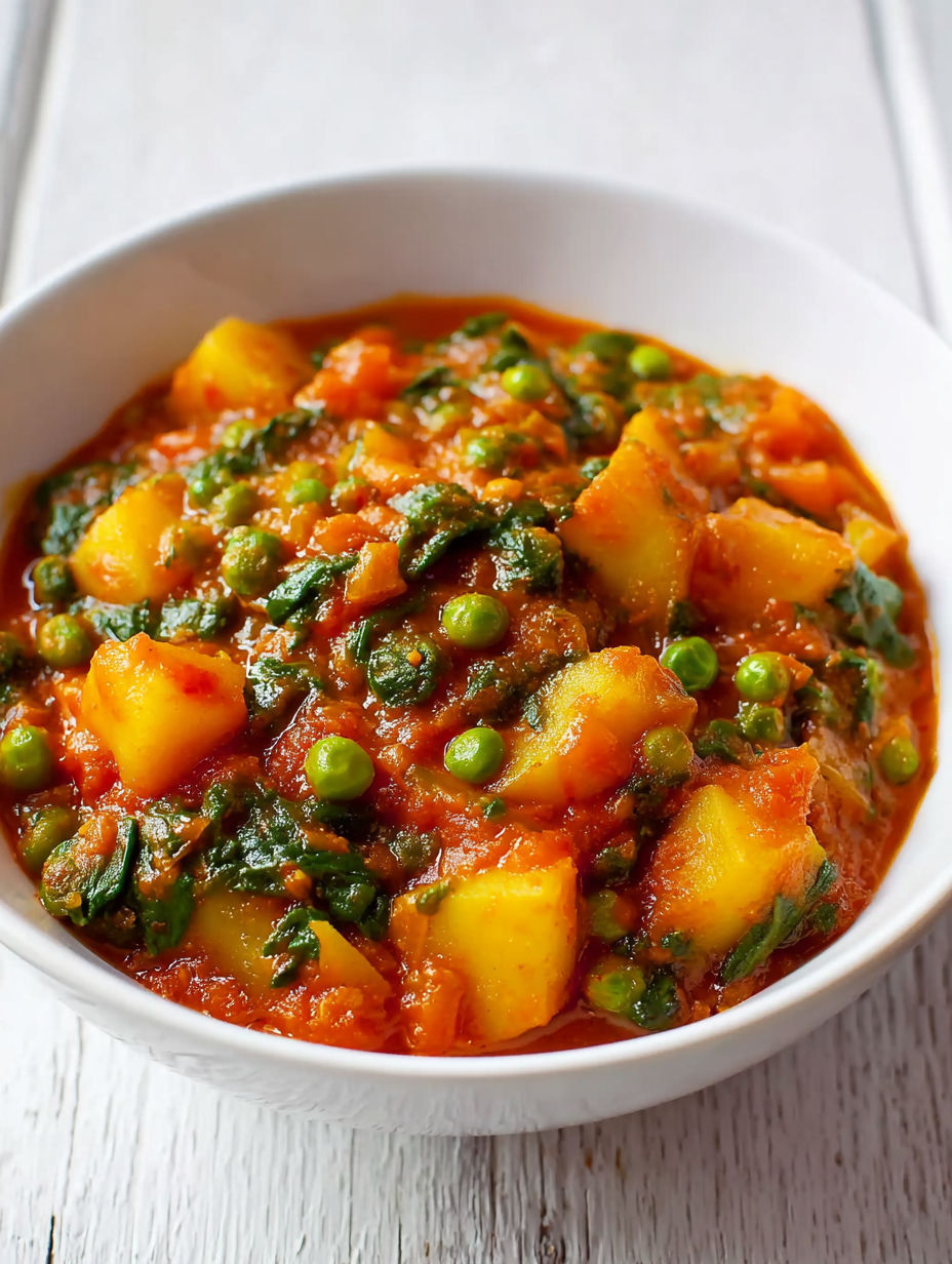 A bowl of vegetable stew with peas, carrots, and potatoes.