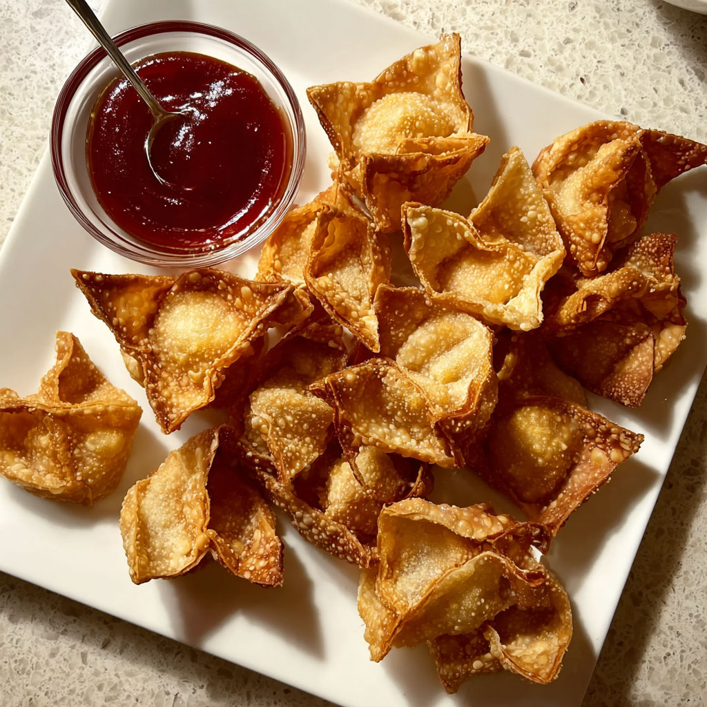 A plate of crab rangoon with a dipping sauce.
