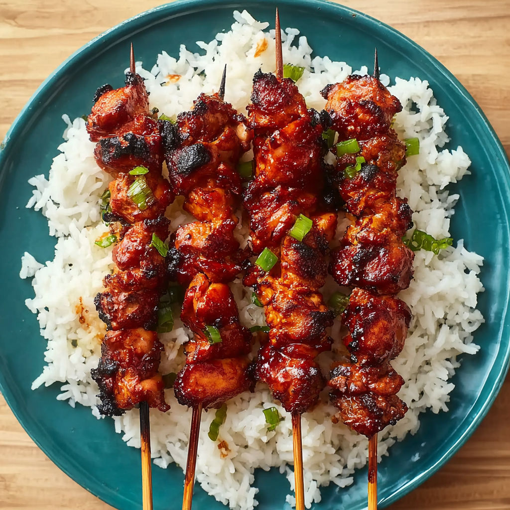A plate of rice with two skewers of meat.
