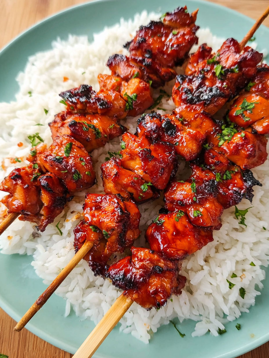 A plate of Korean chicken skewers.